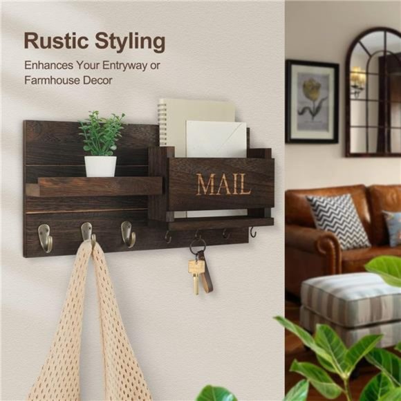 Mail Organizer for Wall Mount–KeyHolder with Shelf Includes Letter Holder &Hooks - Picture 6 of 8